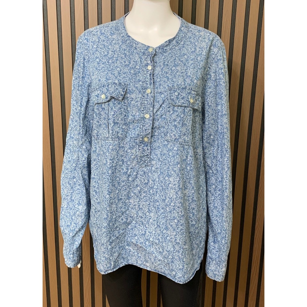 Gap Women's XL Blue White Floral Henley Long Sleeve Blouse Band Collar Top